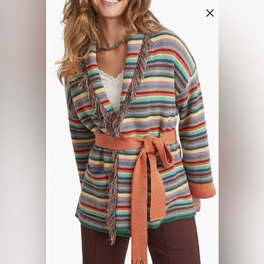 Marine Layer Alamere Long Fringe Multi Stripe Belted Cardigan Sweater